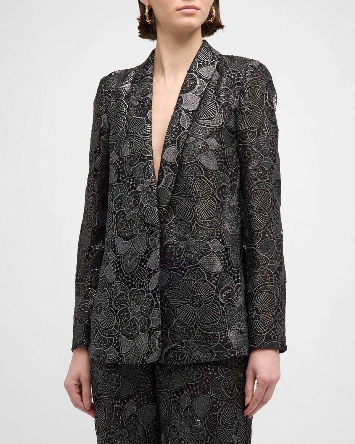 Shawl-Collar Metallic Floral Lace Jacket Product Image