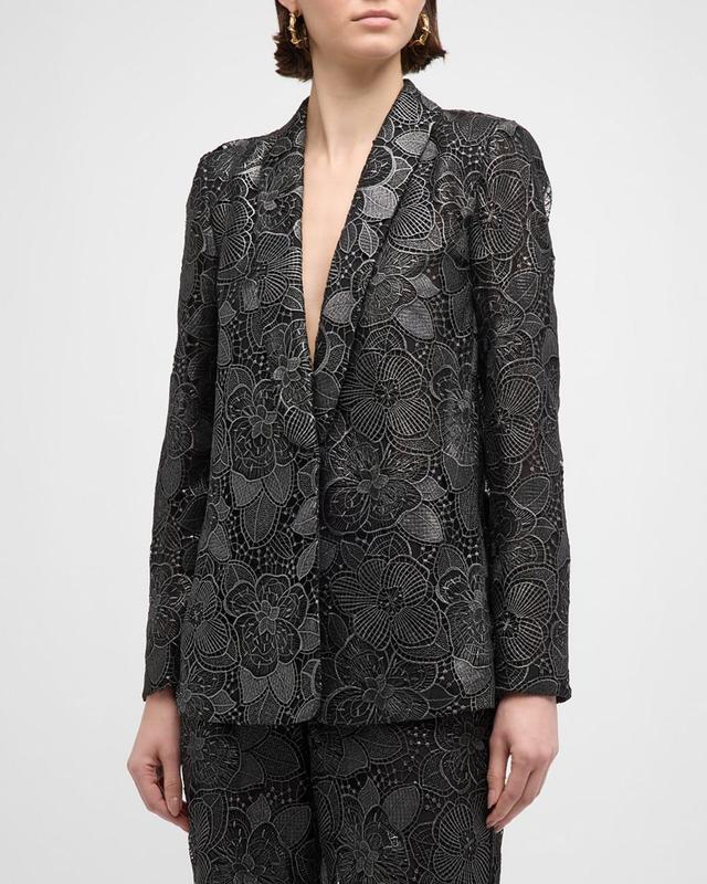 Shawl-Collar Metallic Floral Lace Jacket Product Image