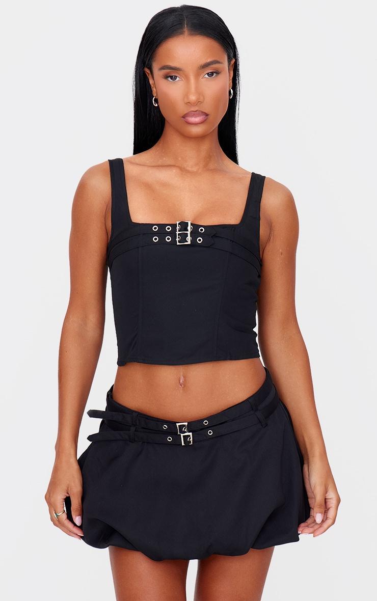 Black Woven Tailored Belt Detail Crop Top Product Image