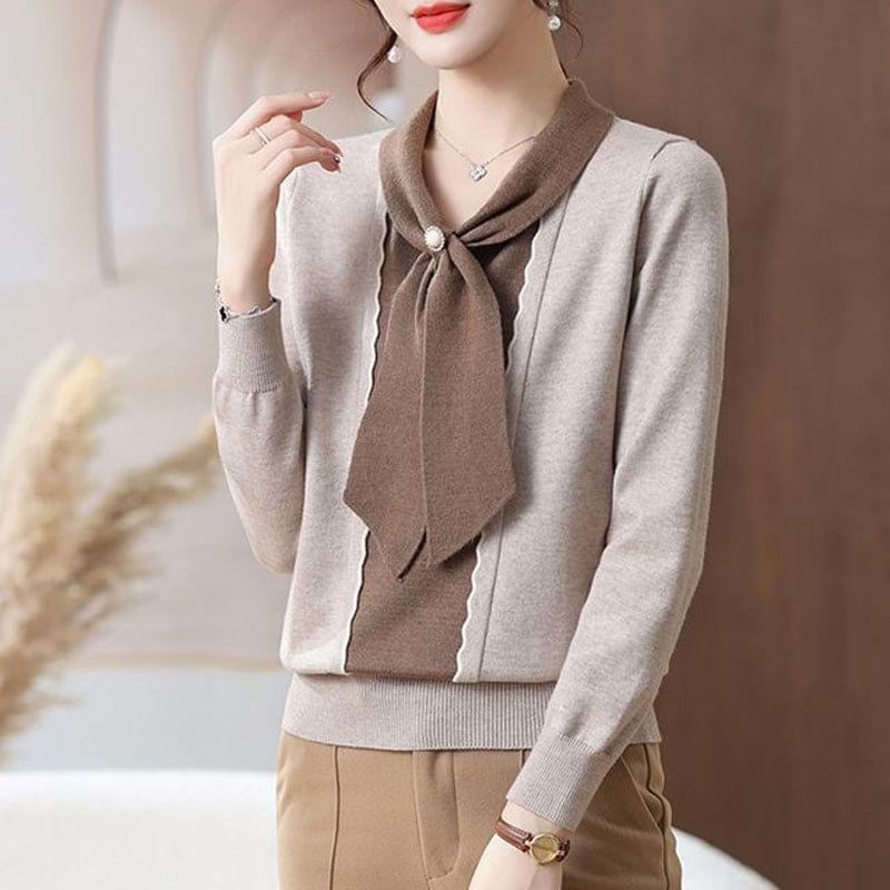 Long-Sleeve Tie Neck Two Tone Knit Top Product Image