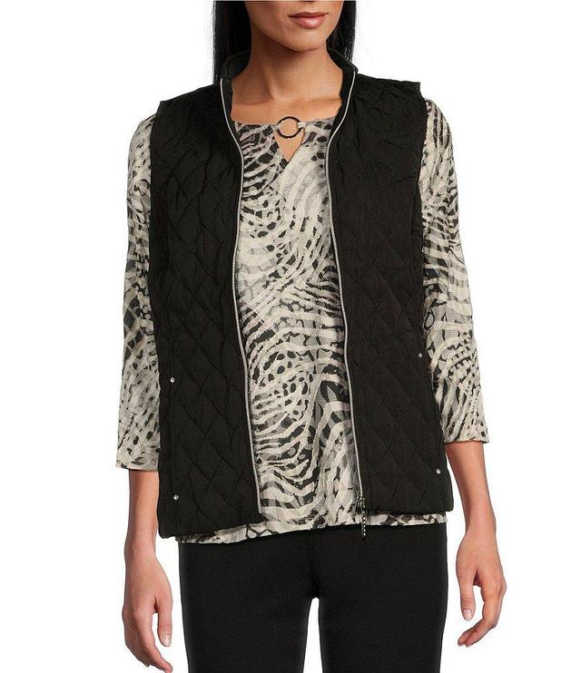 Allison Daley Sleeveless Full Zip Up Embellished Diamond Woven Quilted Vest Product Image