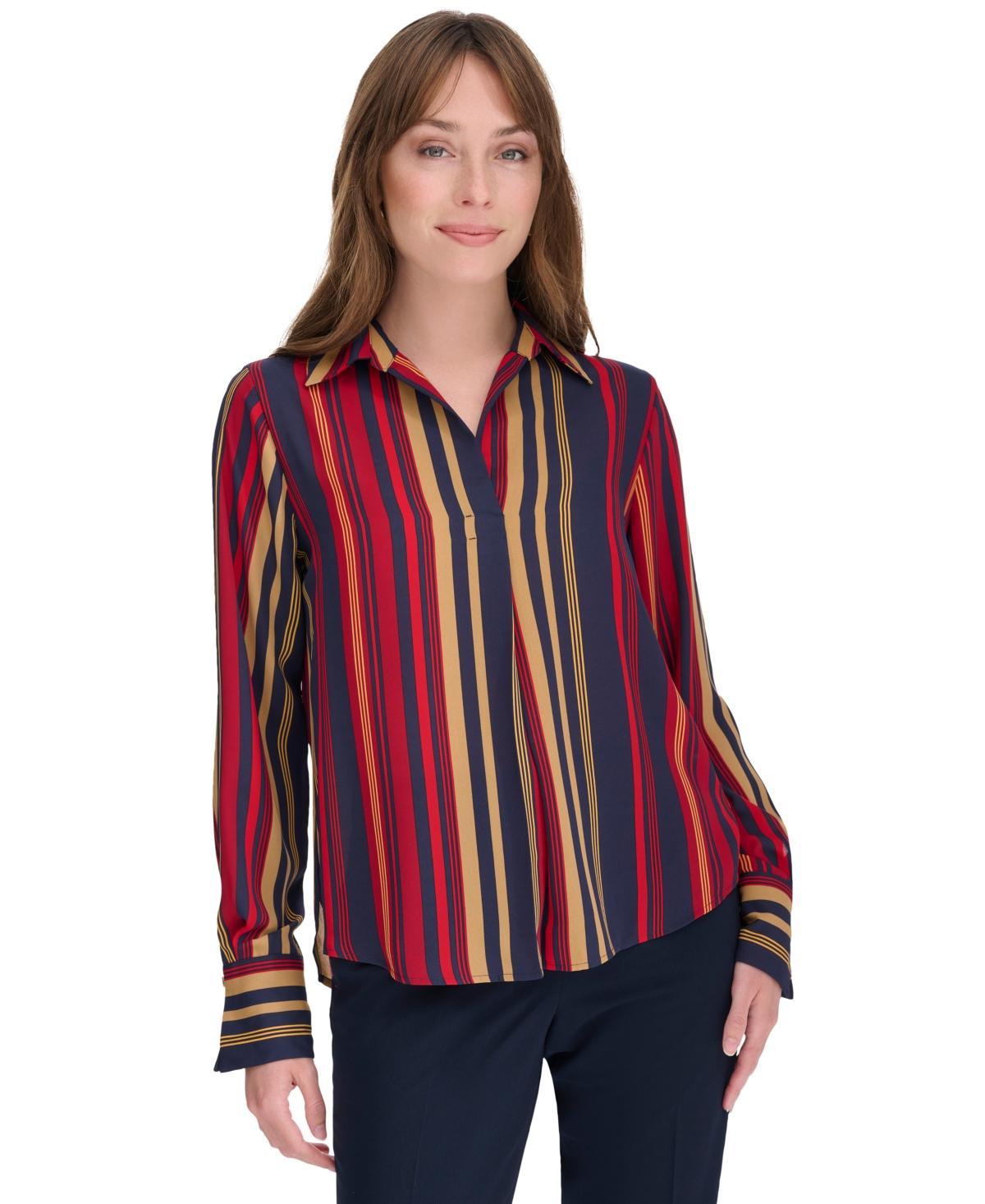 Tommy Hilfiger Womens Printed Collared Long-Sleeve Top - Midnt Product Image