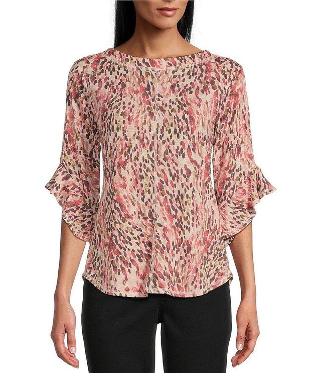 Westbound Knit Animal Trails Print Crew Neck 3/4 Ruffle Sleeve Top Product Image