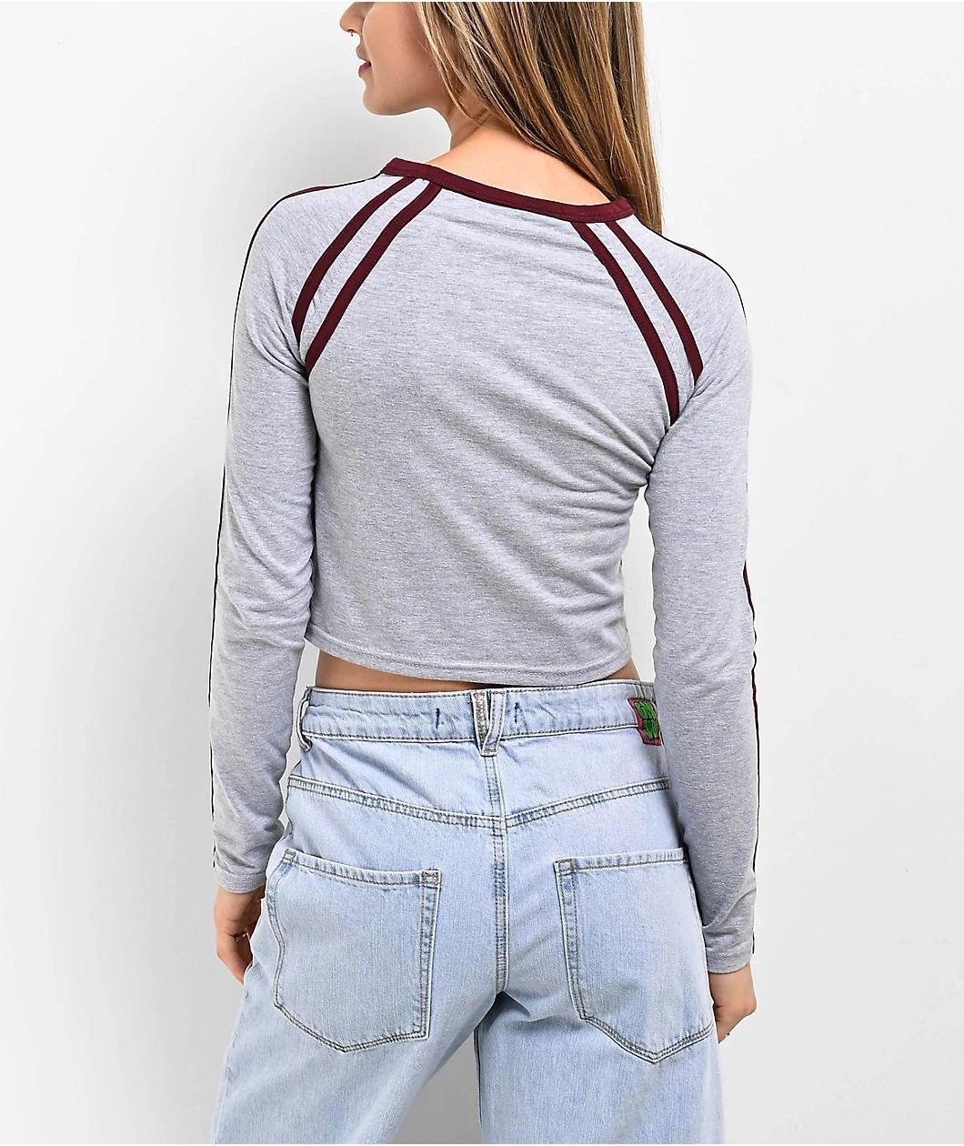 Daisy Street Grey & Burgundy Raglan Long Sleeve Crop T-Shirt Product Image