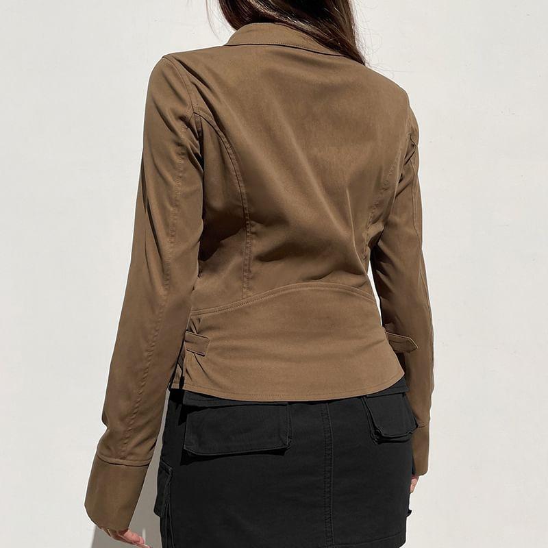 Long Sleeve Stand Collar Plain Zip-Up Cargo Jacket Product Image