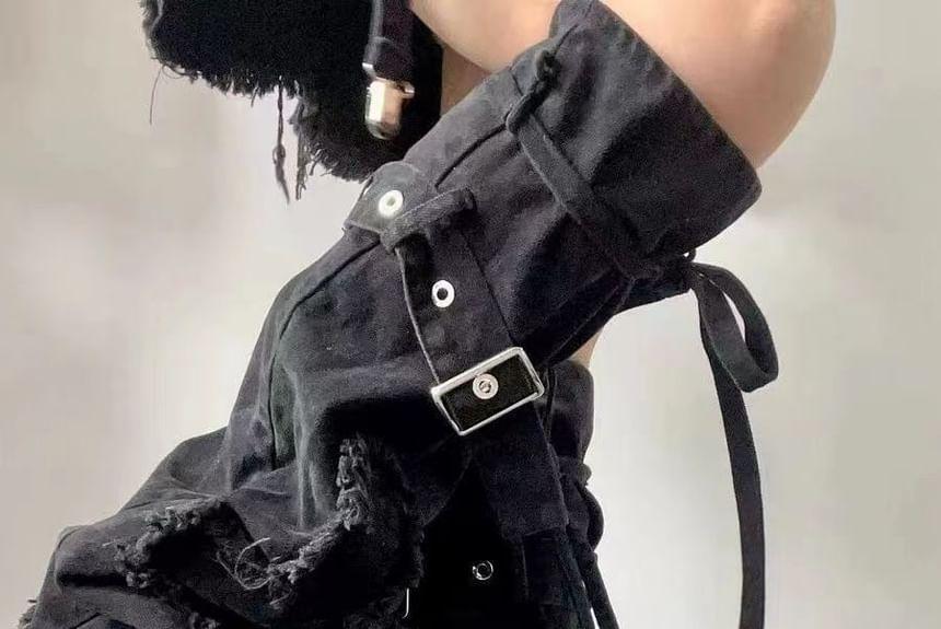 Washed Buckled Tassel Trim Denim Leg Warmer Product Image