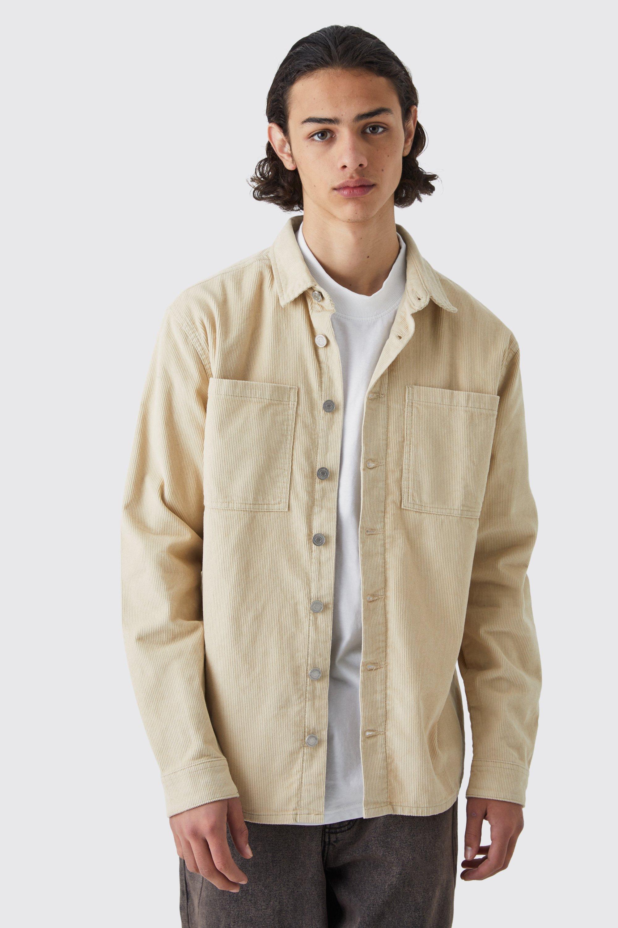 Mens Beige Cord Cargo Overshirt, Beige Product Image