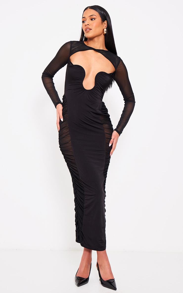 Tall Black Cut Out Detail Mesh Ruched Midaxi Dress Product Image