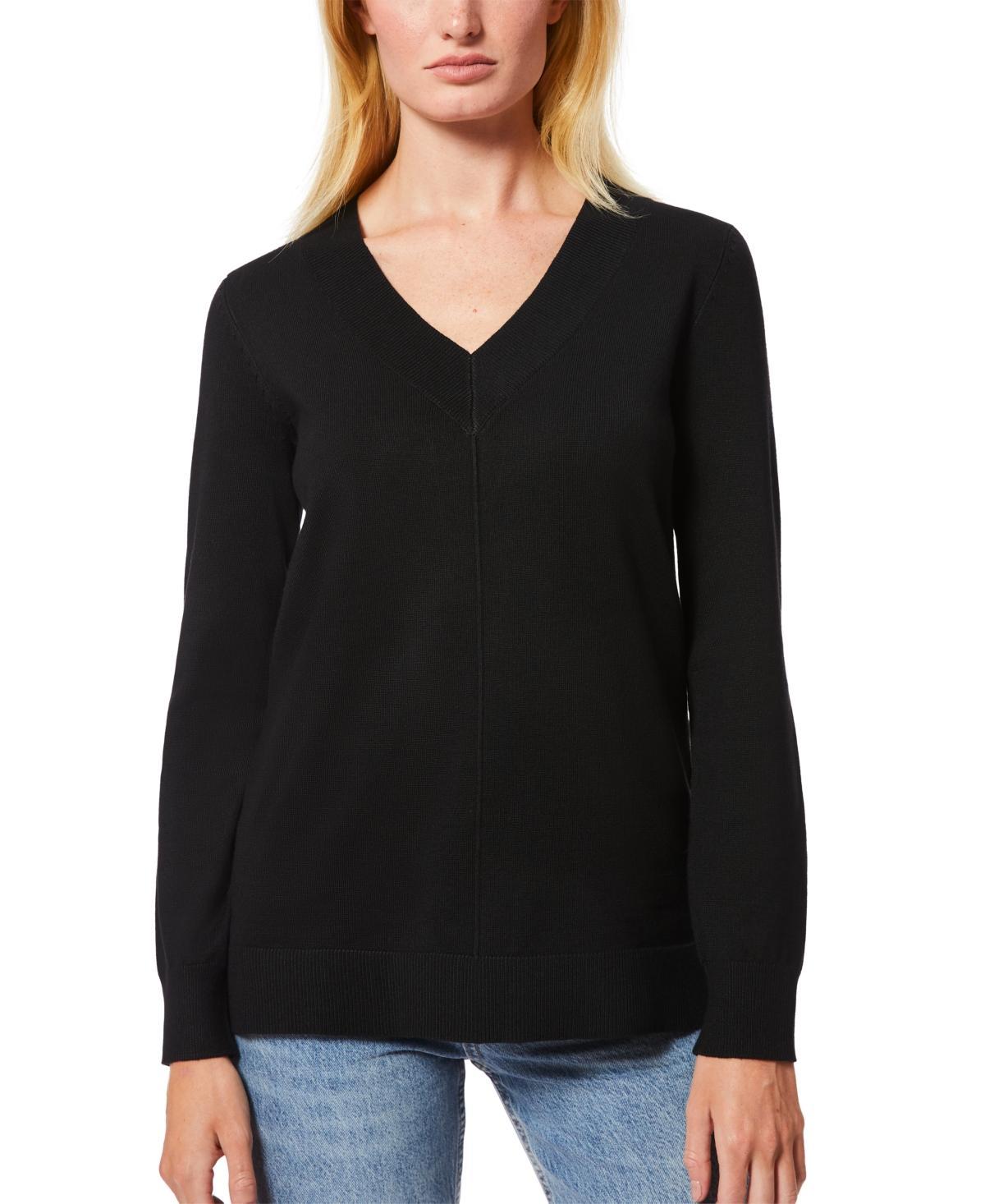 Melissa Paige Womens Ribbed Seamed Long-Sleeve High-Low-Hem V-Neck Sweater Product Image