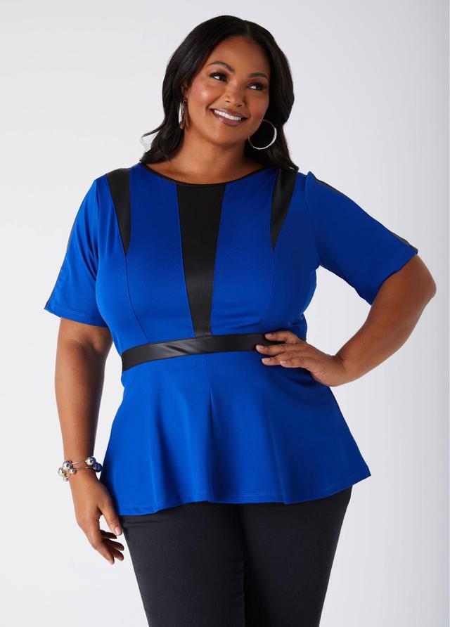 Plus Size Faux Leather Paneled Peplum Top Ashley Stewart Product Image