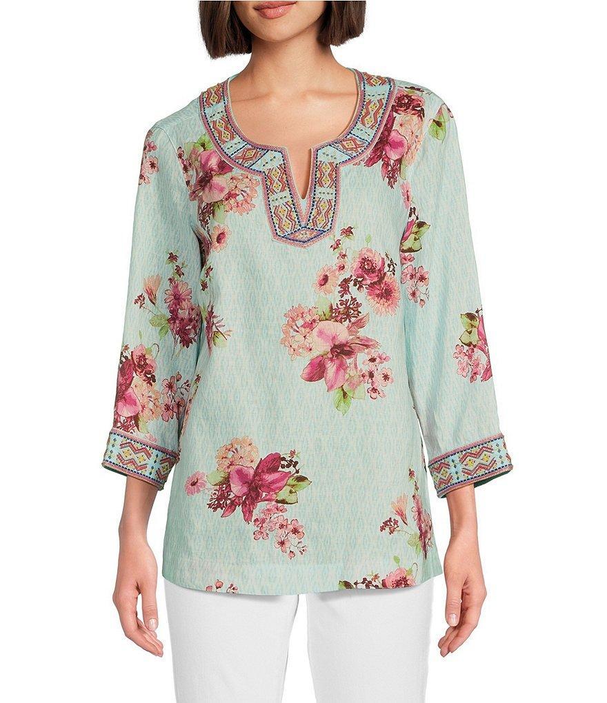 John Mark Linen Blend Floral Print Embroidered Beaded Split V-Neck 3/4 Sleeve Hi-Low Hem Tunic Product Image