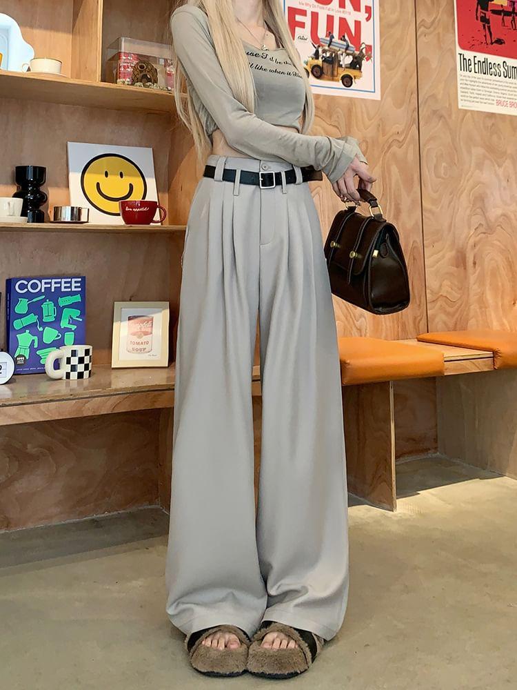 High Rise Plain Wide Leg Slacks Product Image