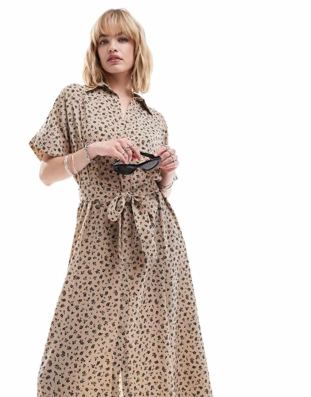 Monki midaxi belted shirt dress in light brown ditsy print  Product Image