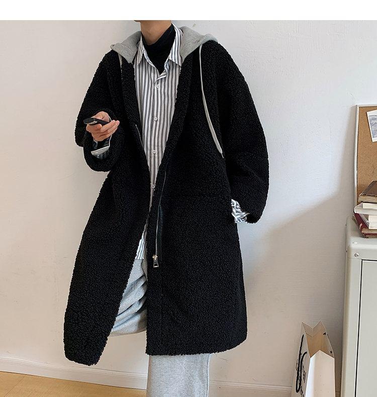 Hooded Plain Zip Up Teddy Long Coat Product Image