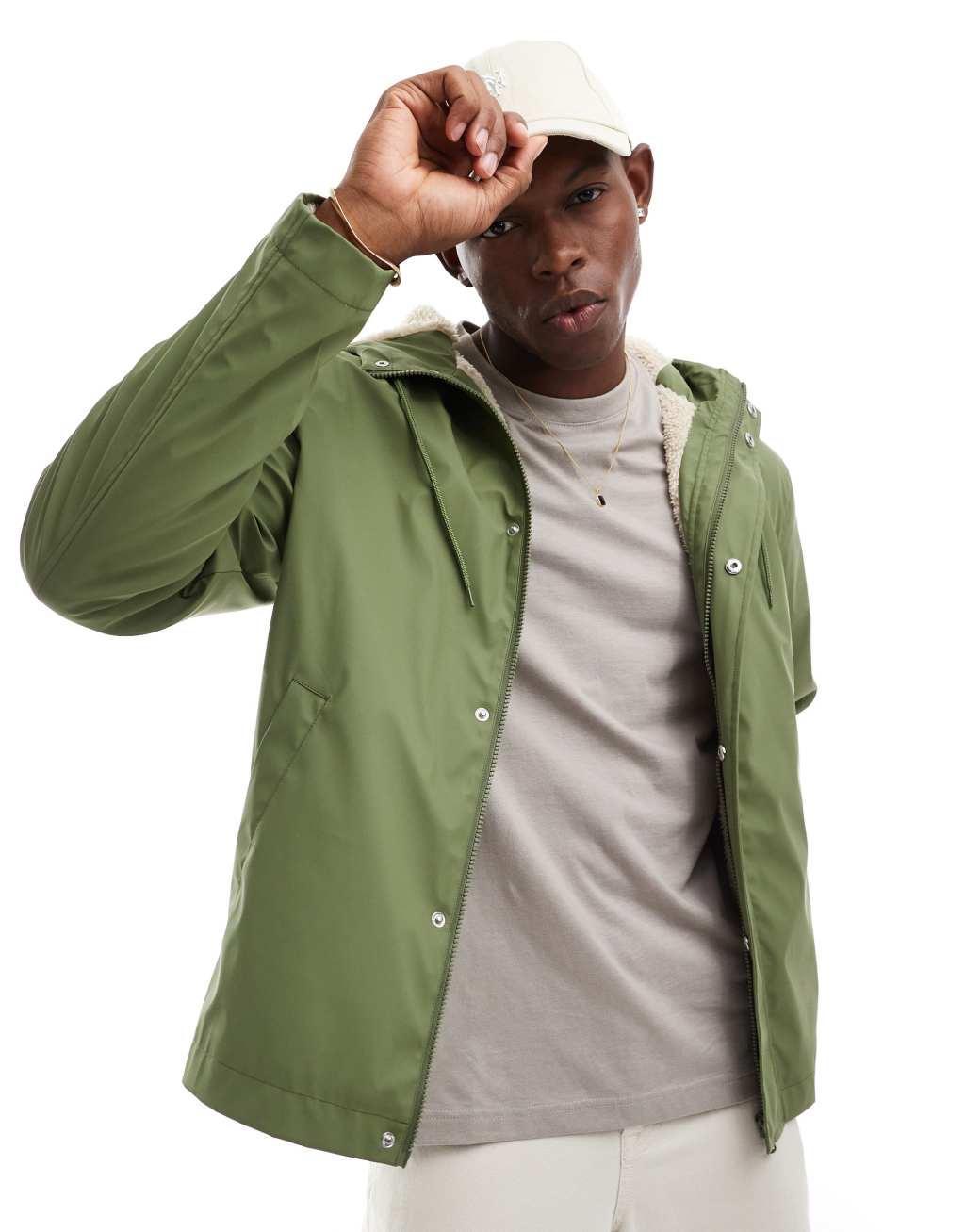 ASOS DESIGN rubberized rain jacket with borg lining in khaki Product Image