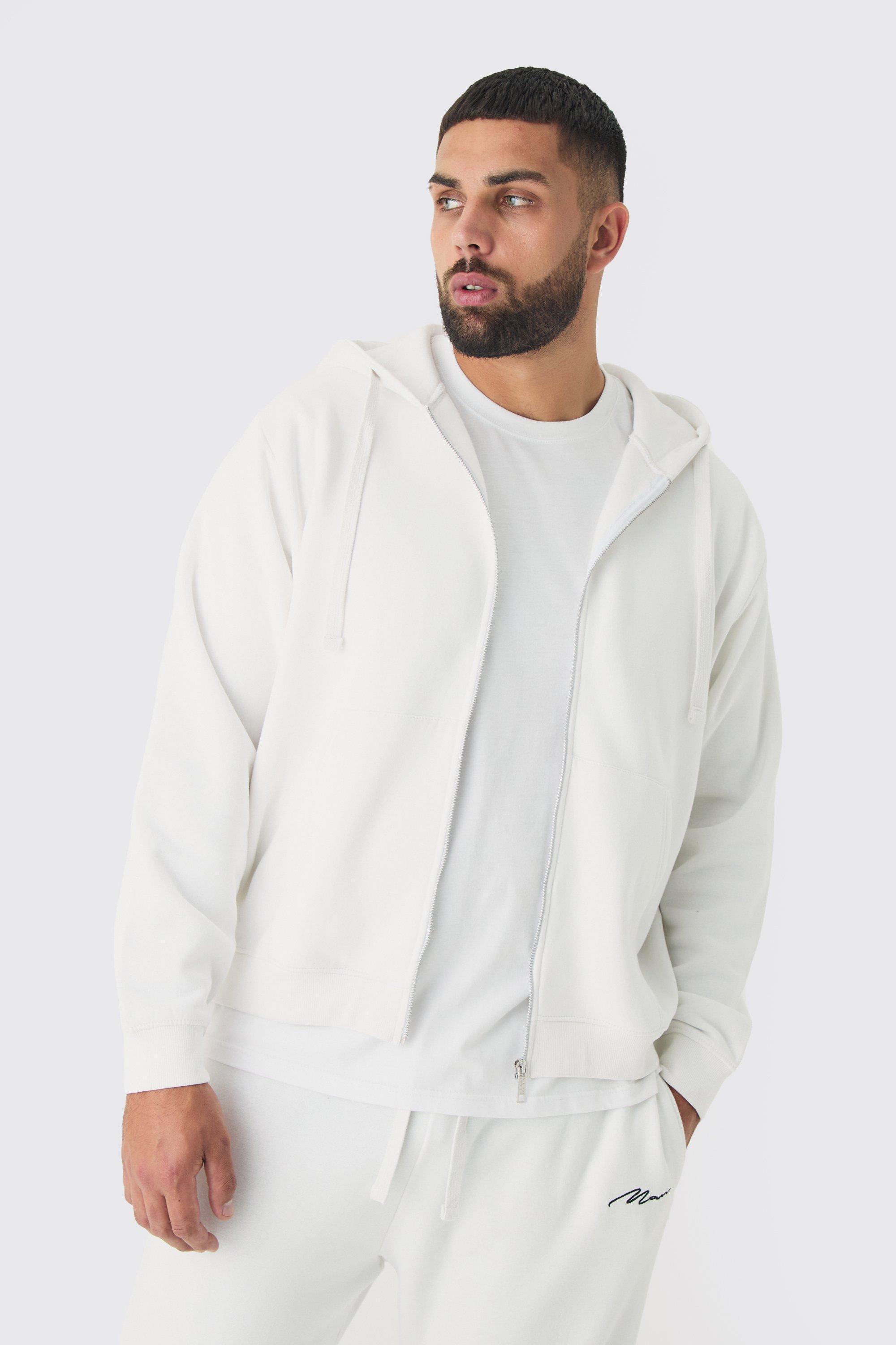 Plus Basic Zip Through Hoodie In White | boohooMAN USA Product Image