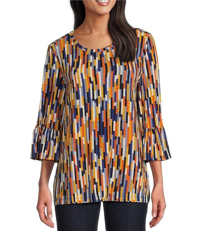 Multiples Slub Knit Line Multi Print Scoop Neck 3/4 Ruffle Sleeve Top Product Image