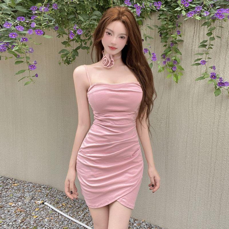 Set: Spaghetti Strap Plain Asymmetrical Mini Bodycon Dress + Flower Choker Product Image