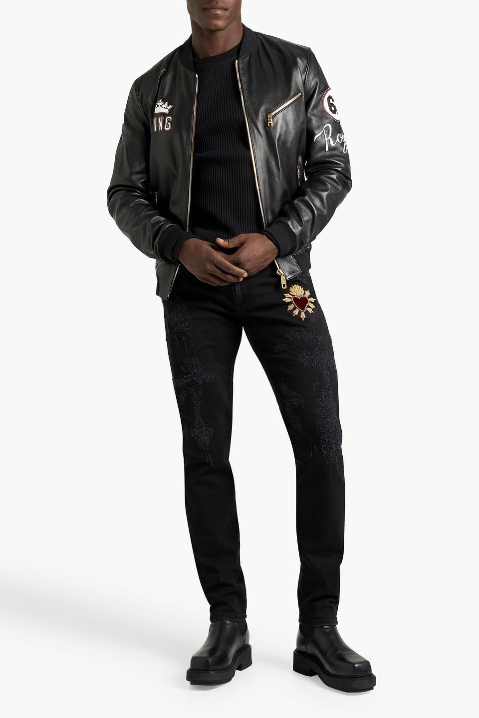 Appliquéd Leather Bomber Jacket In Black Product Image