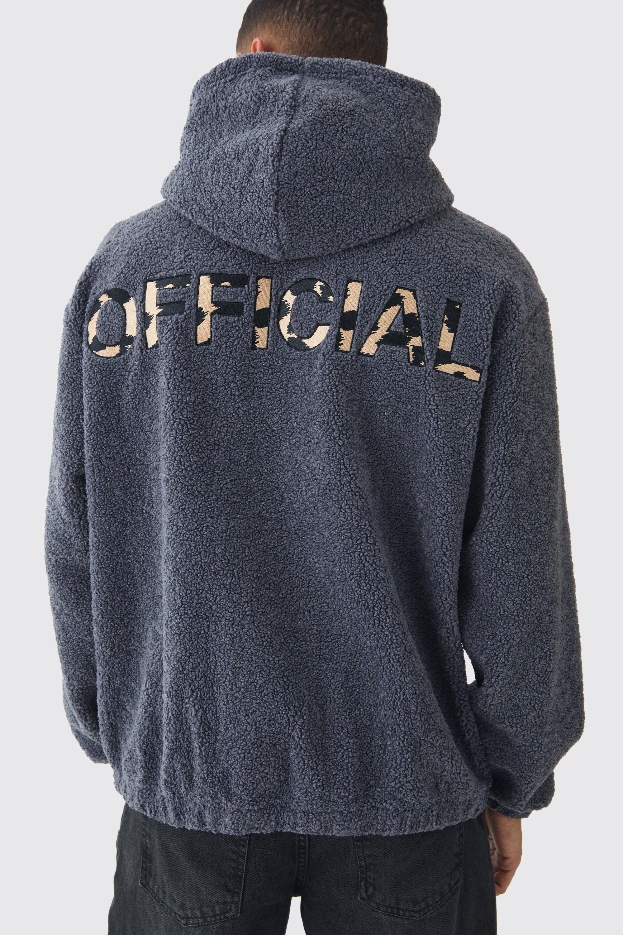 Oversized Boucle Borg Official Leopard Popper Neck Hoodie | boohooMAN USA Product Image