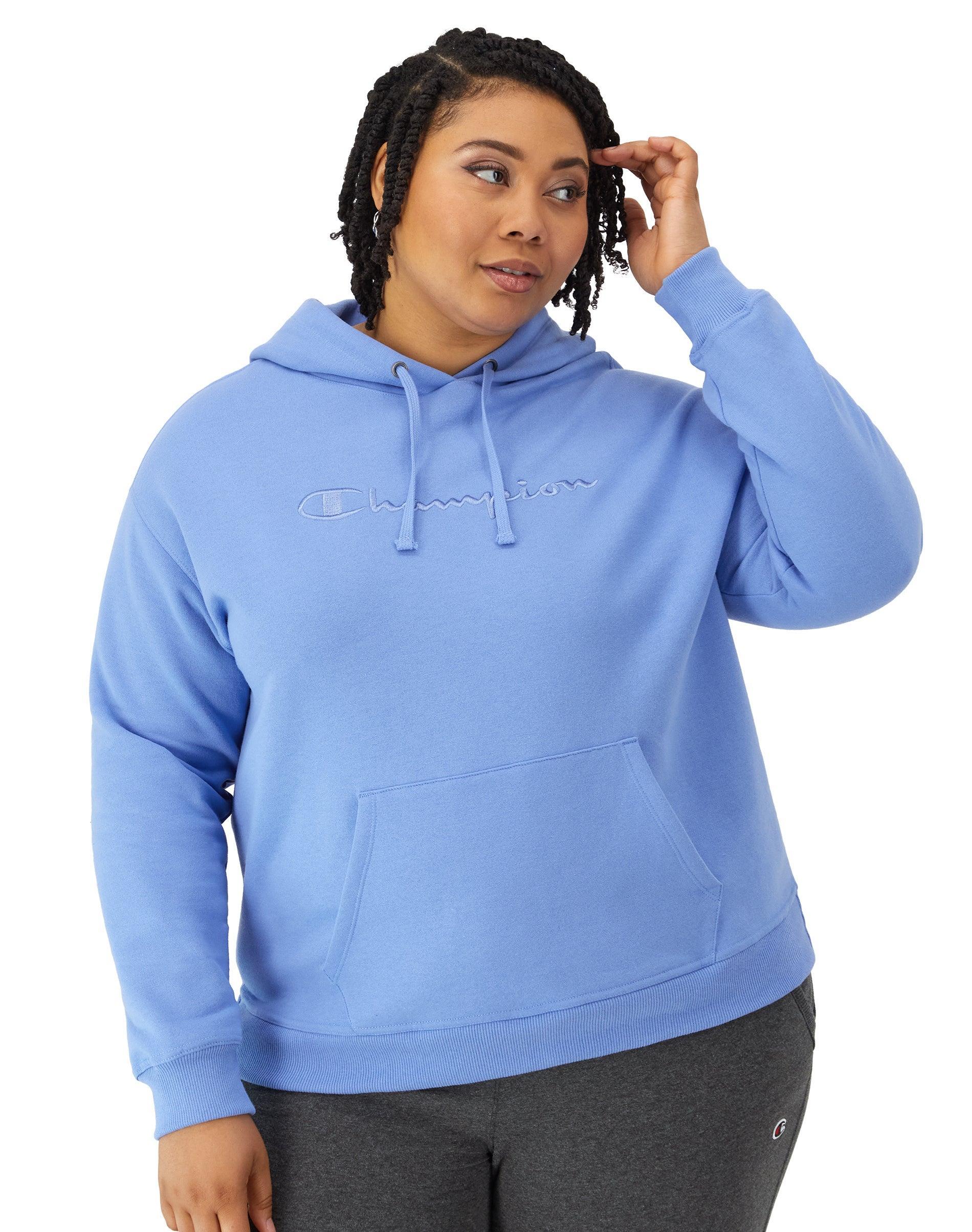 Womens Champion Powerblend Hoodie, Full Embroidered Script Logo (Plus Size) Plaster Blue 2X Product Image