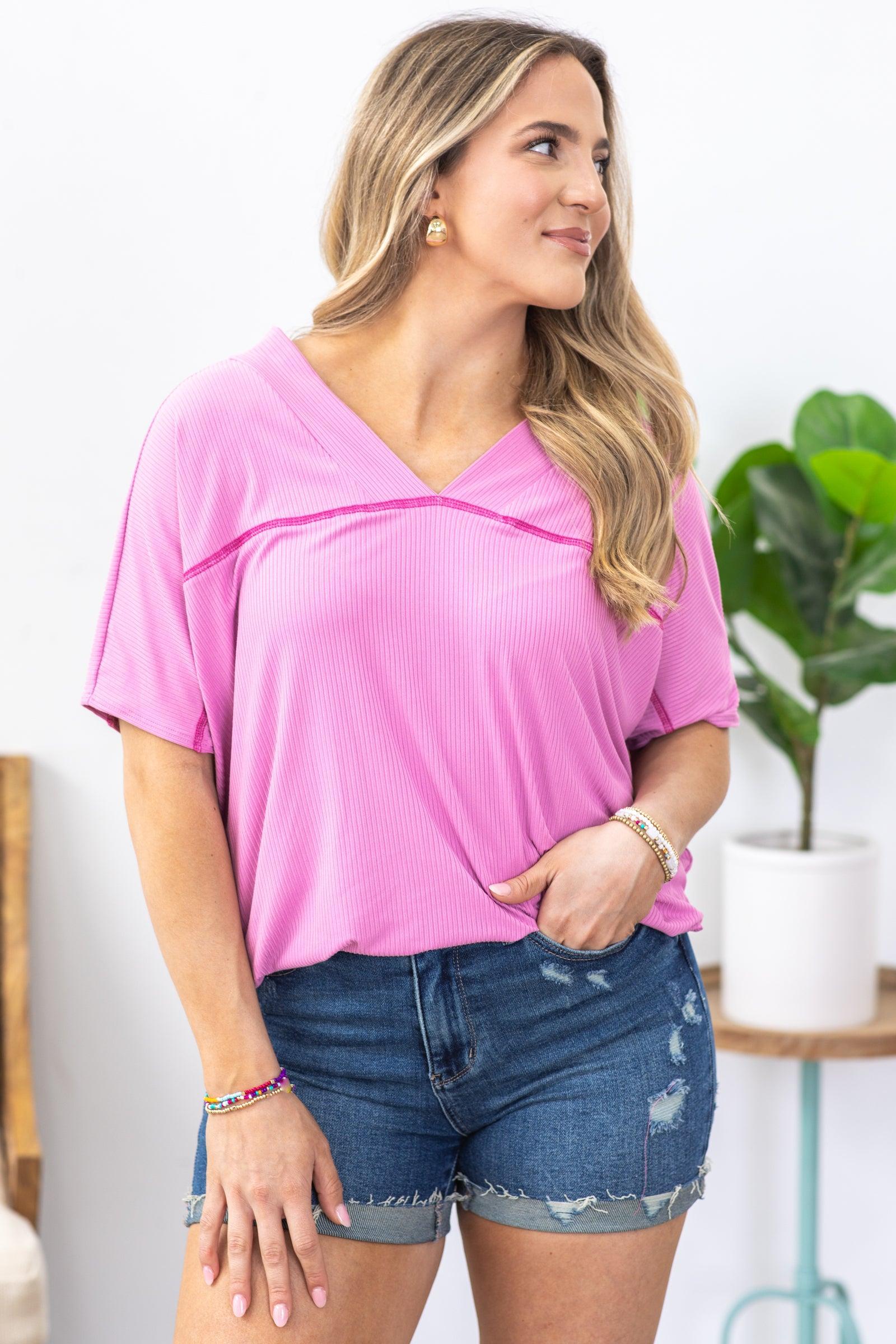 Dusty Pink V-Neck Rib Exposed Seam Knit Top Product Image