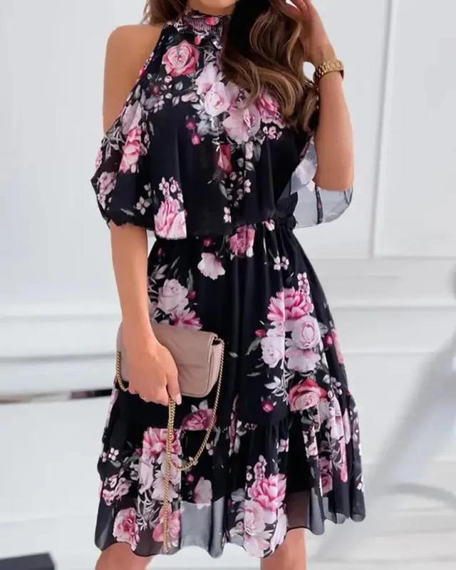 Olivia Mark – Casual Floral Print Off Shoulder Ruffle Hem Dress Product Image