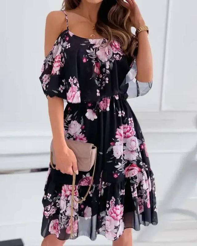 Olivia Mark – Off-the-Shoulder Floral Print Chiffon Dress Product Image