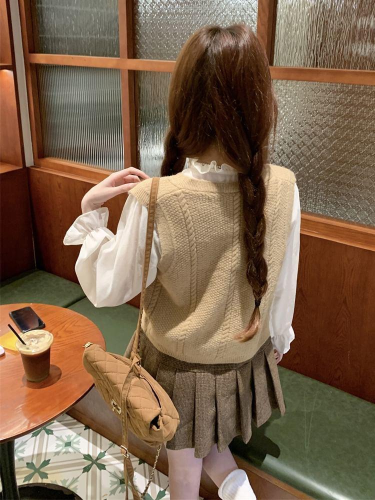 Sleeveless V-Neck Floral Embroidered Cropped Sweater Vest / Long-Sleeve Ruffle Trim Plain Blouse Product Image