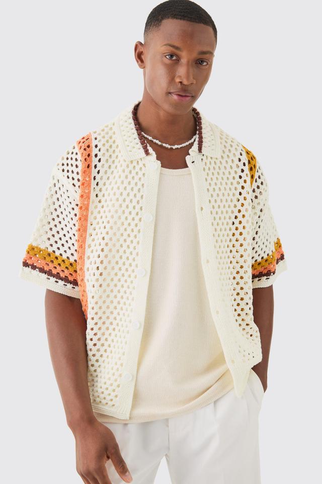 Oversized Boxy Open Knit Abstract Stripe Shirt | boohooMAN USA Product Image