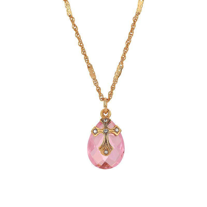 Symbols Of Faith Gold Tone Crystal Oval Drop Cross Necklace, Womens, Pink Product Image