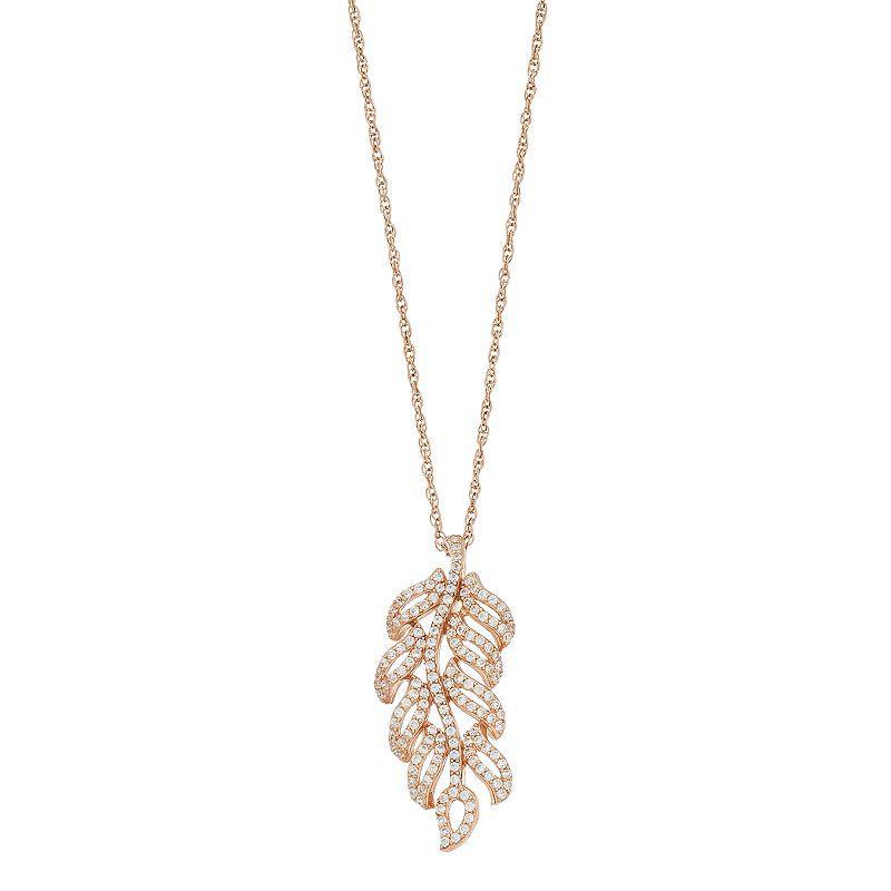 Lab-Created White Sapphire 14k Rose Gold Over Silver Leaf Pendant Necklace, Womens Product Image