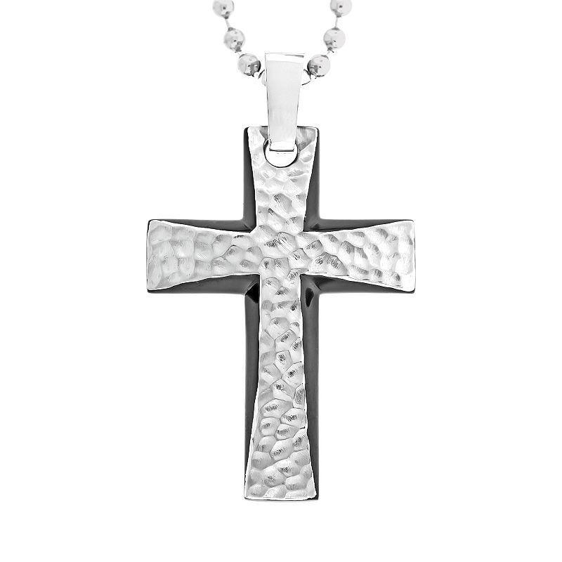 LYNX Stainless Steel Black Ion Hammered Cross Pendant - Men, Mens Grey Product Image