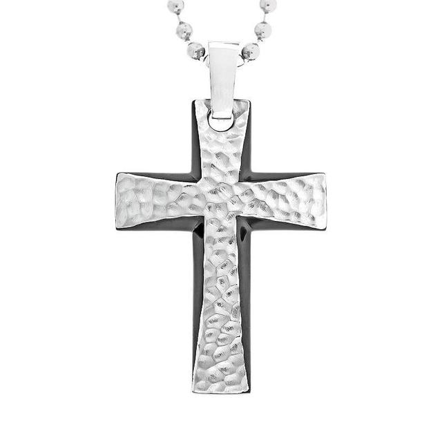 LYNX Stainless Steel Black Ion Hammered Cross Pendant - Men, Mens Silver Product Image