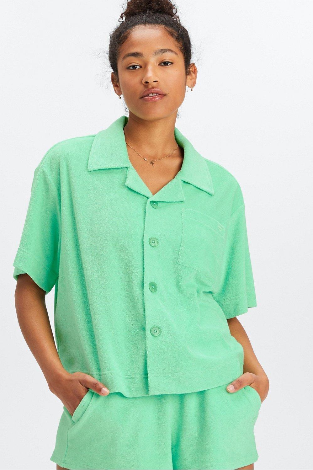 Fabletics Island Terry Boxy Button Up Womens green plus Size 4X Product Image