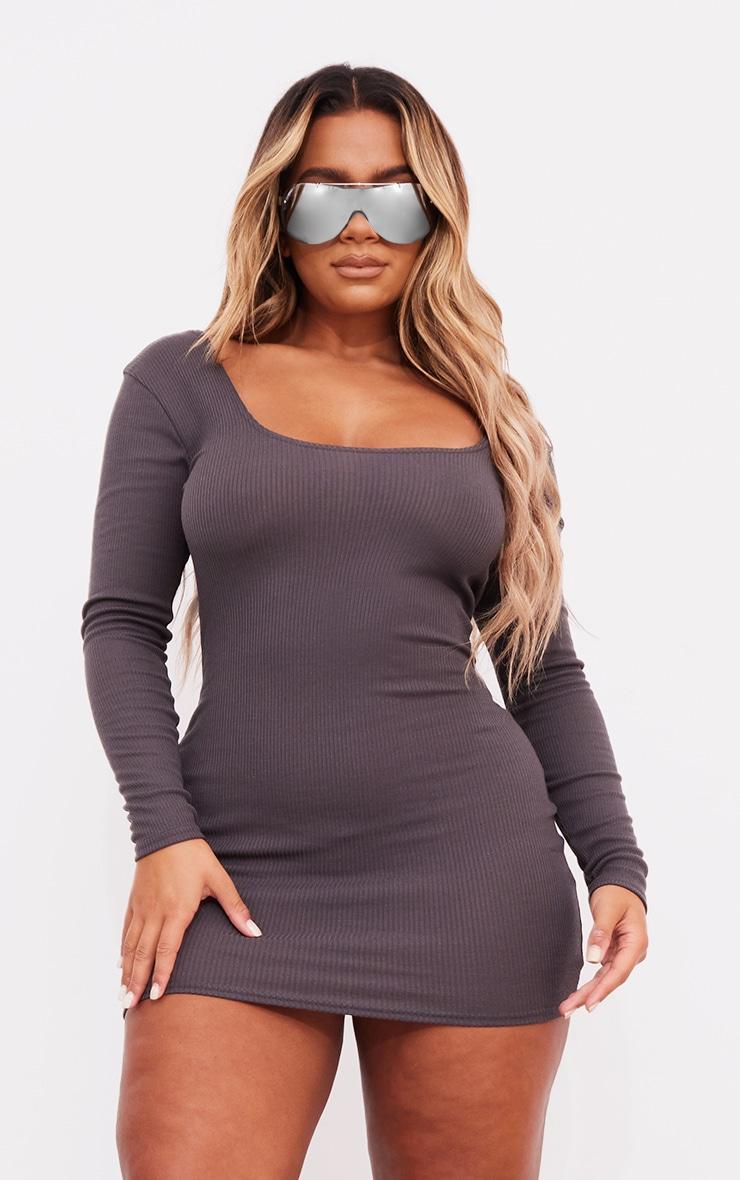 Shape Charcoal Rib Long Sleeve Scoop Back Bodycon Dress Product Image