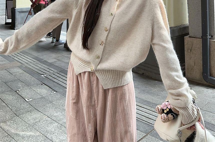 Crew Neck Plain Button-Up Crop Cardigan / High Waist Velvet Wide Leg Pants Product Image