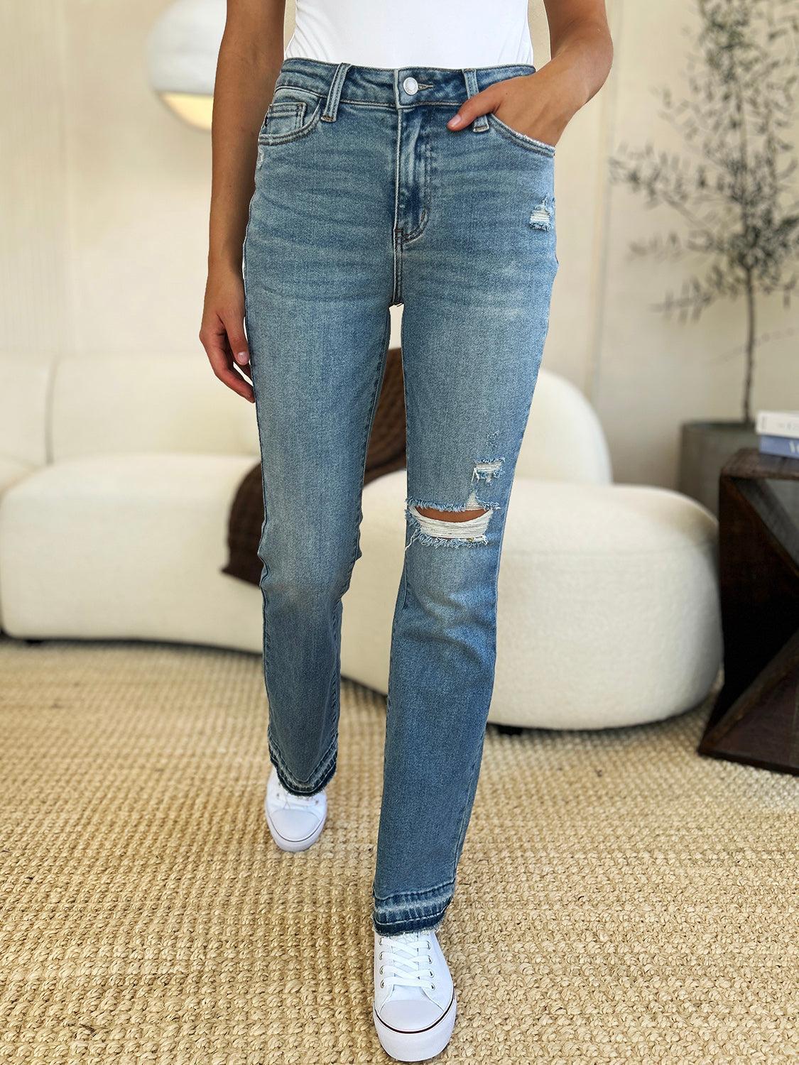 Judy Blue Full Size Mid Rise Destroyed Hem Distressed Jeans Product Image