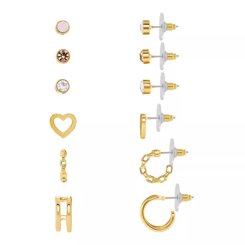 Emberly Gold Tone Crystal Round Stud, Heart Stud, & C-Hoop Earrings 6-pack Set, Womens, Yellow Gold Tone Product Image