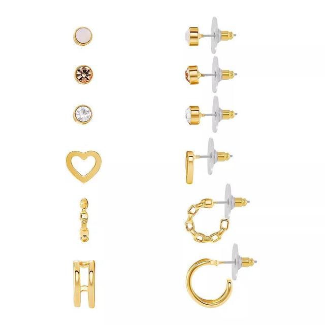 Emberly Gold Tone Crystal Round Stud, Heart Stud, & C-Hoop Earrings 6-pack Set, Womens, Yellow Product Image