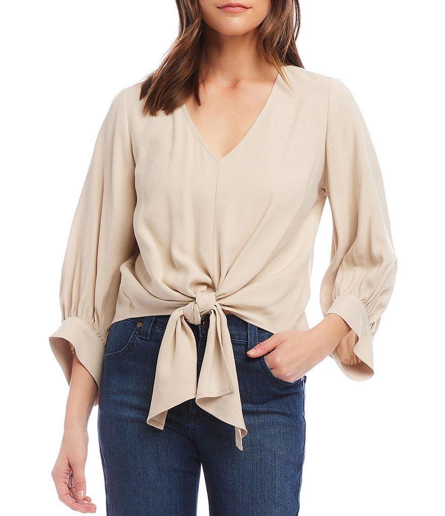 Karen Kane Solid Sand Wash Twill V-Neck Blouson Sleeves Top Product Image