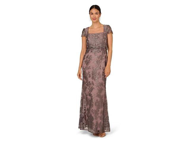 Adrianna Papell Metallic Embroidered Pop Over Mob Gown (Night Shade) Women's Dress Product Image