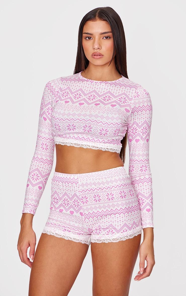 Pink Fairisle Print Lace Trim Short PJ Set Product Image