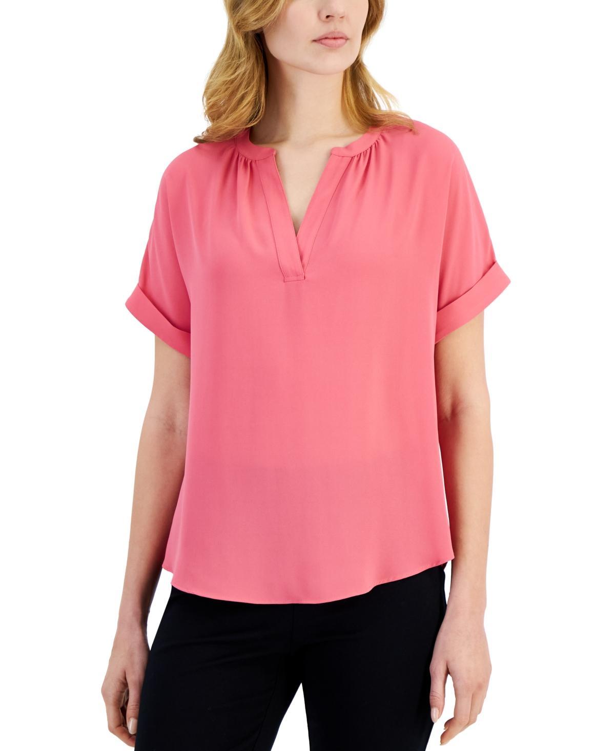 T Tahari Womens Split-Neck Rolled-Cuff Top Product Image