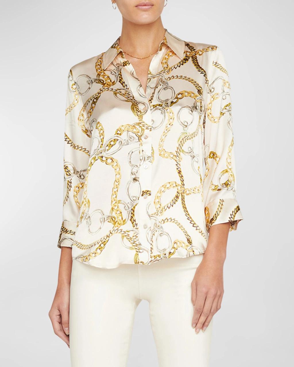 Dani Multi Chain Printed Silk Blouse In Ecru Multi Oversized Chain Product Image