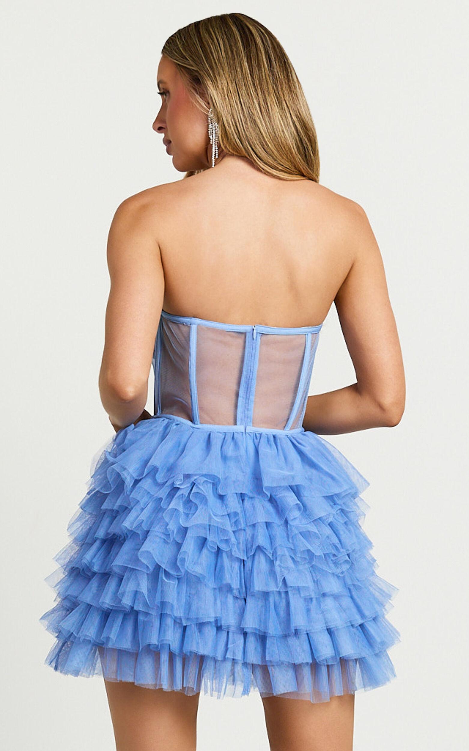 Amalie The Label - Meredith Strapless Tulle Tiered Bustier Mini Dress in Blue Product Image