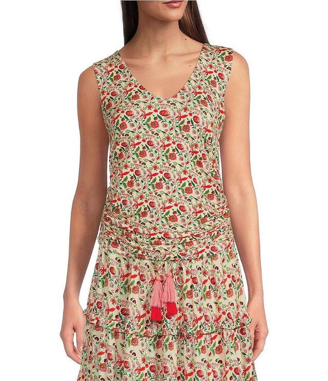 Gibson & Latimer Coordinating Floral Print Sleeveless V Neck Ruched Side Knit Tank Top Product Image