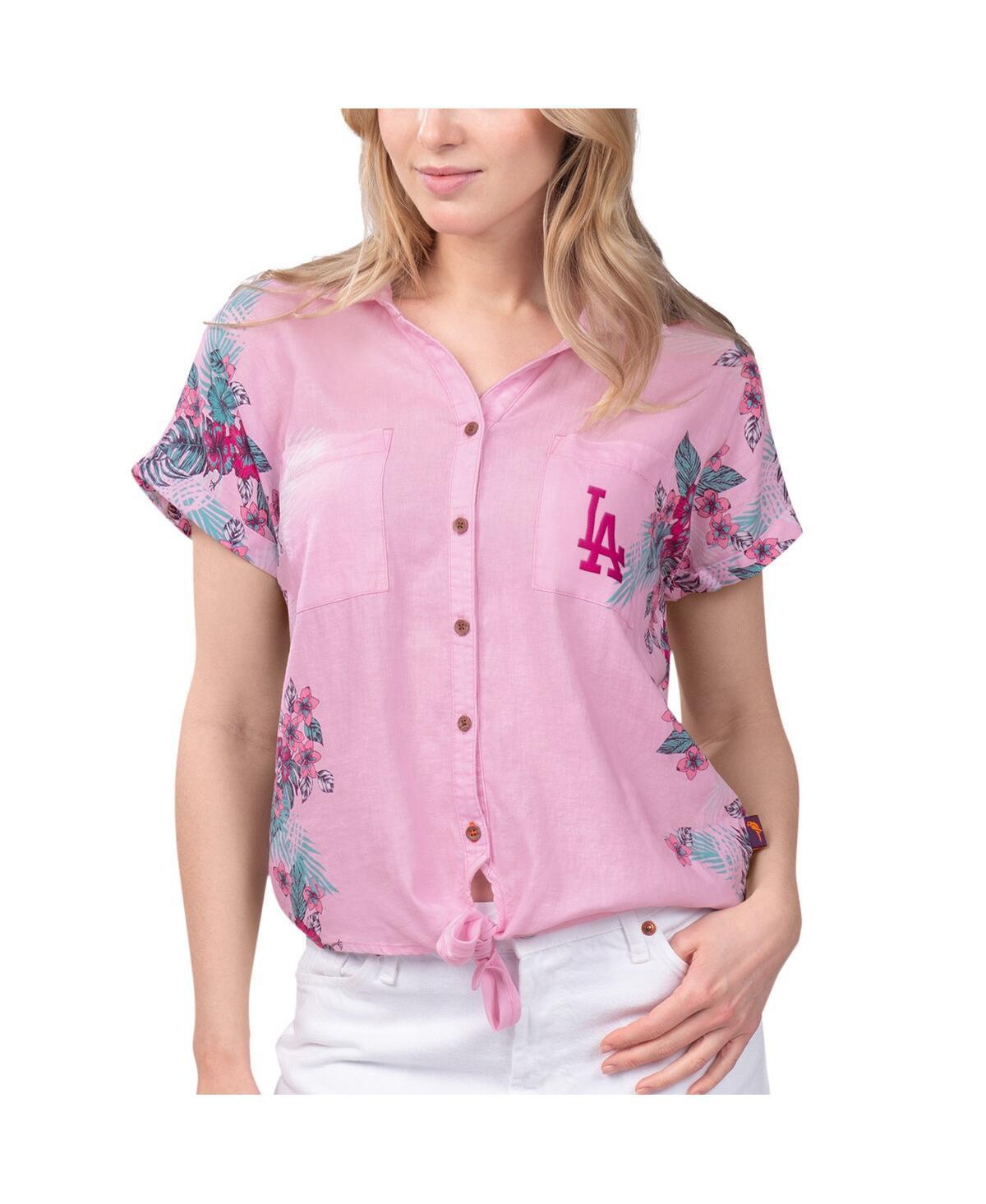 Margaritaville Womens Pink Atlanta Braves Stadium Tie-Front Button-Up Shirt - Navy Product Image