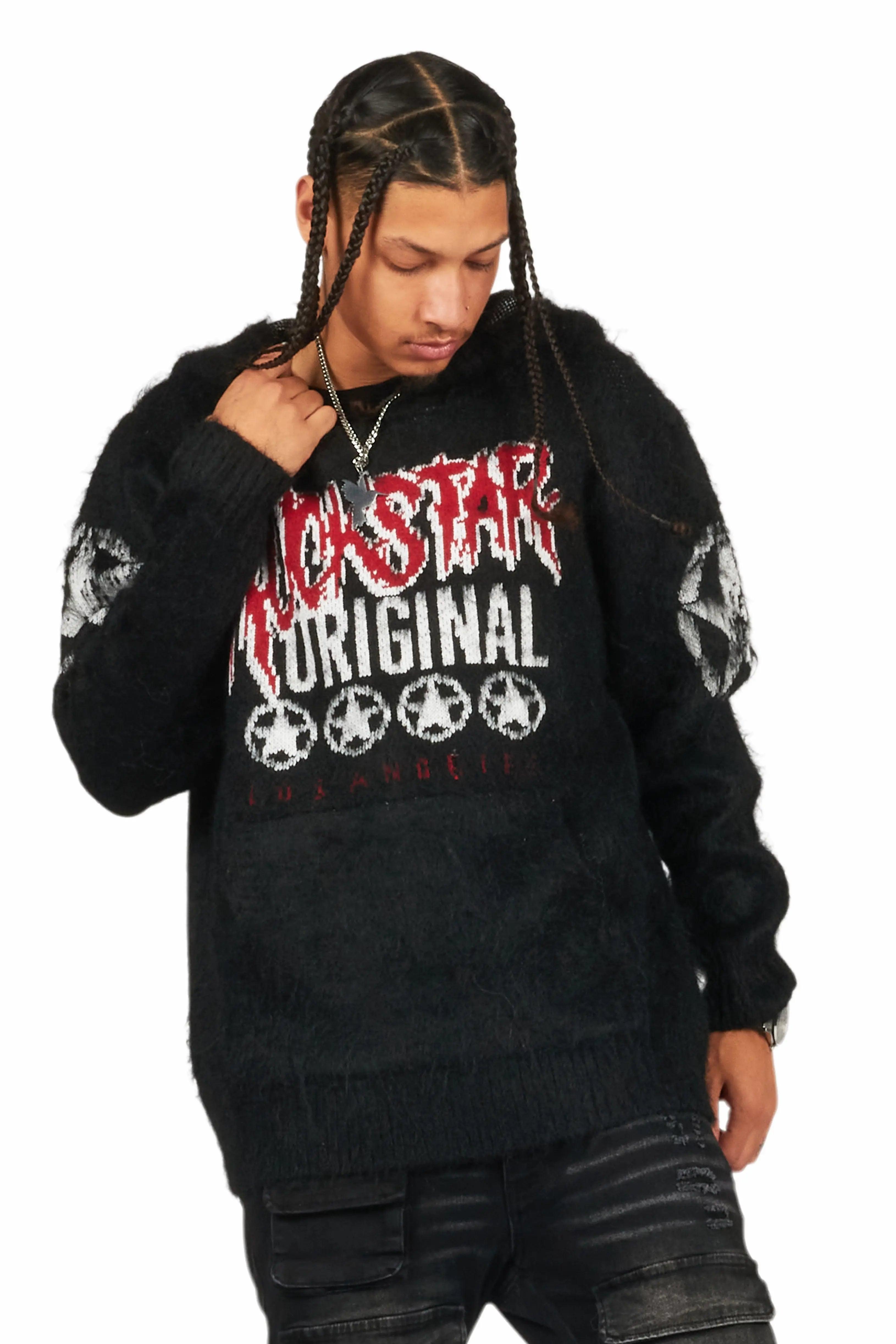 Wizzurd Black Graphic Knitted Mohair Hoodie Male Product Image