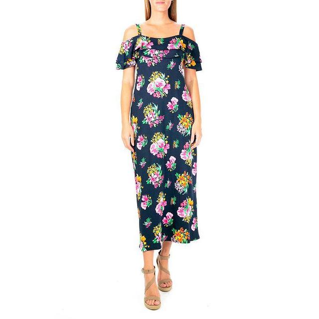 Womens Nina Leonard Floral Cold-Shoulder Maxi Dress Blue Product Image